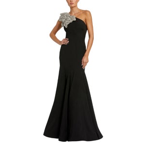 Black Crepe One Shoulder Gown With Crystal Flower