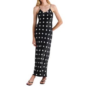Quince 100% Washable Silk Maxi Slip Dress in Noir Large Dot