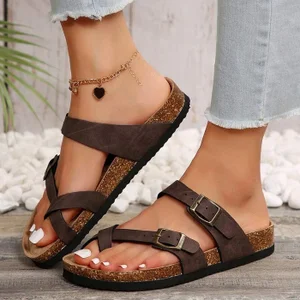 Women's Comfortable Summer Beach Sandals Cork Footbed Sandal With Adjustable Buckle
