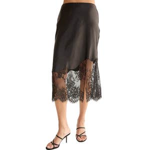 CRESCENT Lace Hem Satin Midi Skirt
