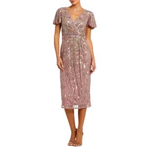 Mac Duggal Women's Embellished Faux Wrap Flutter Sleeve Dress