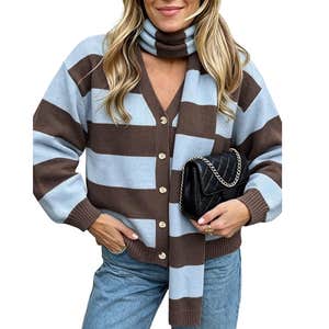 Amazon; Womens Stripe Long Sleeve Cardigan Sweater with Scarf