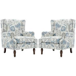 Bed Bath & Beyond 2 Set Transitional Patterned Wingback Accent Chairs With NailHead