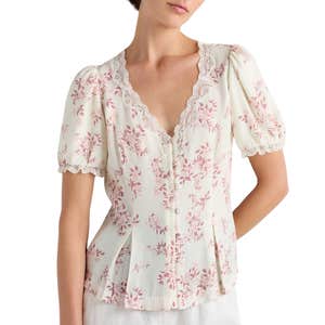 quince, Quince Lightweight Crepe Lace Puff Sleeve Blouse