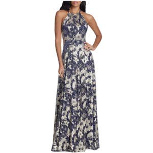 Betsy & Adam Metallic Floral Halter Top Gown 