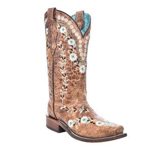 Corral Boots Floral Embroidery Distress Cognac Square Toe Cowboy Boot