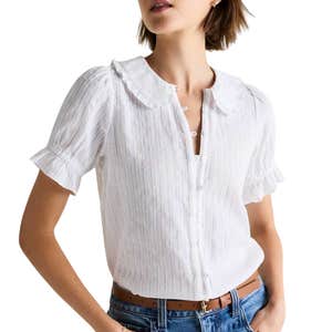 quince, Quince Embroidered Cotton Ruffle Collar Long Sleeve Blouse