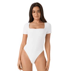 Halara Ribbed Knit Square Neck Short Sleeve Button Skinny Work Bodysuit