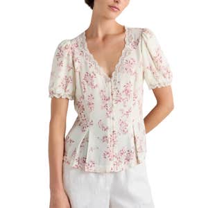 Quince Lightweight Crepe Lace Puff Sleeve Blouse in Color Ivory Rose Pink Petite Floral