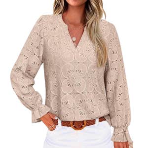 Amazon; RUMIA Womens Blouses V Neck Eyelet Lace Tops with Lining