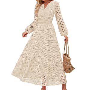 amazon, ZESICA Fall Long Sleeve Eyelet Maxi Dress