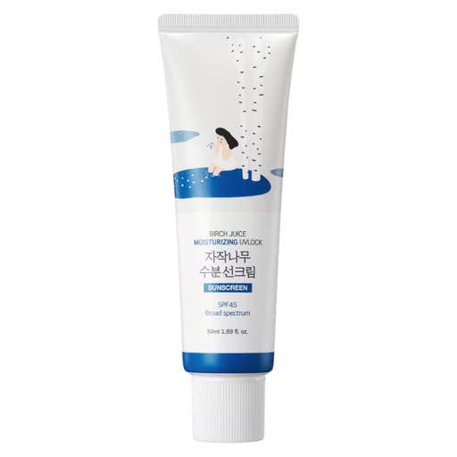 ROUND LAB Birch Juice Moisturizing UVLOCK SPF 45 tube on a white background