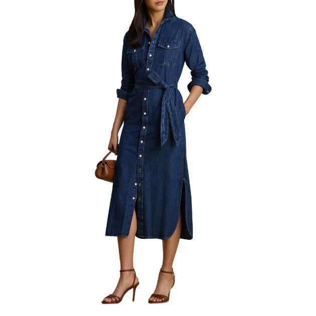 Nordstrom; Lauren Ralph Lauren Long Sleeve Belted Cotton Denim Midi Shirtdress