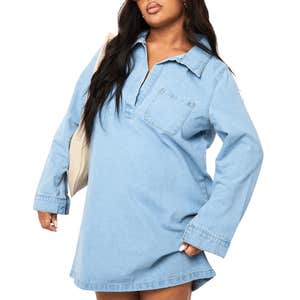 boohoo Plus Collared V Neck Denim Dress