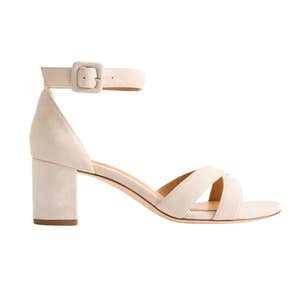Quince Italian Leather Crisscross Block Heel Sandal in Almond Suede
