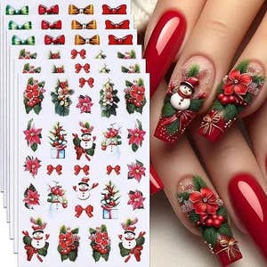 6Pcs Christmas Nail Stickers Red Green Bow Nail Decals DIY Self Adhesive Christmas Tree Poinsettia