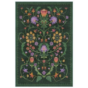 forest green floral pattern rug on white background