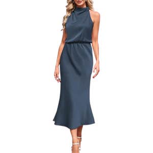 amazon, Bluetime Summer Sleeveless Mock Neck Satin Maxi Dress