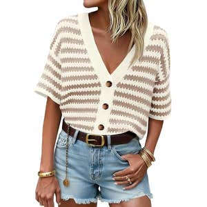 Saodimallsu Womens Short Sleeve Striped Cardigan in Khaki