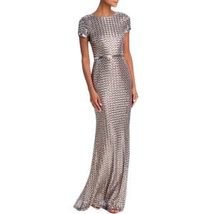 AQUA Belted Sequin Gown