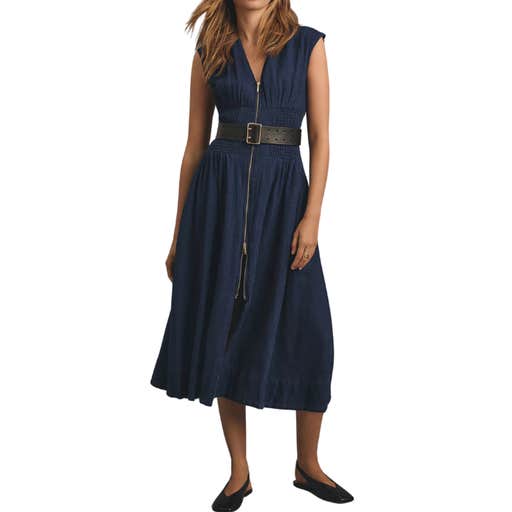 anthropologie, By Anthropologie The Tommie Cap-Sleeve Smocked Front-Zip Shirt Dress Denim Edition