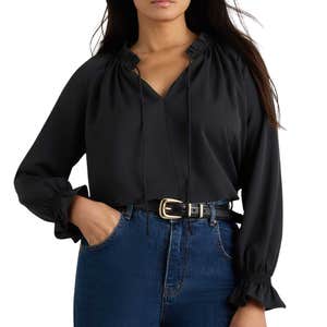 quince, Quince Drapey Chiffon Split Neck Long Sleeve Blouse
