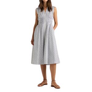 Quince 100% Organic Cotton Poplin Zip-Front Midi Dress in Color Grey with Stripes