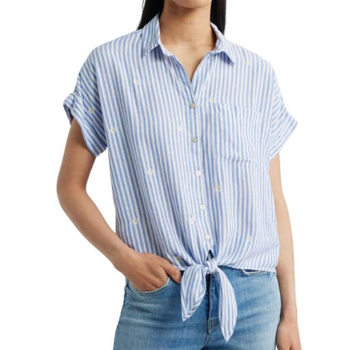 nordstrom, beachlunchlounge Rosie Embroidered Tie Front Short Sleeve Button-Up Shirt