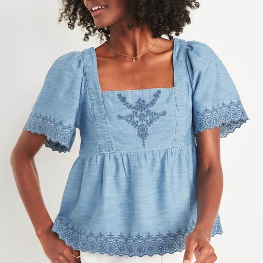 old navy, Old Navy Matching Chambray Flutter-Sleeve Embroidered Tie-Back Top