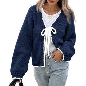 Serisse Contrast Trim Knot V-Neck Long Sleeve Cardigan