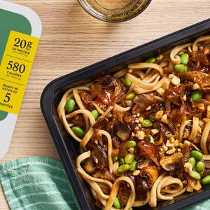 Blue Apron Korean Style Udon Noodles against a natural background