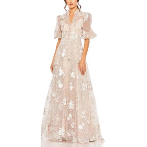 Pink Queen Anne Puff Sleeve A-Line Gown