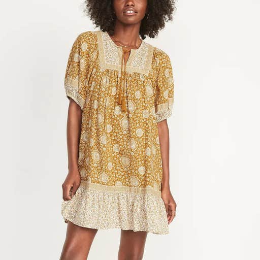 old navy, Old Navy Puff-Sleeve Printed Mini Swing Dress