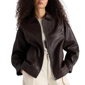 Quince; a woman wearing Quince 100% Leather Oversized Bomber Jacket