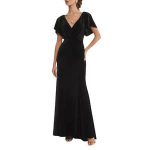 Jenny Yoo Ellis Flutter-Sleeve Open-Back Stretch Velvet Gown