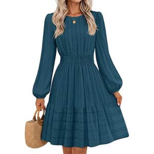 amazon, MEROKEETY Fall Long Puff Sleeve Casual Boho Flowy Dress
