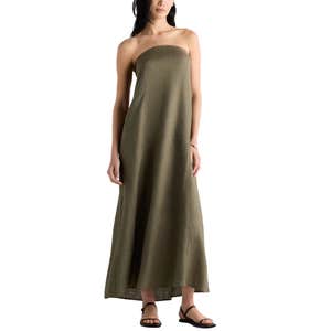 Quince 100% European Linen Strapless Maxi Dress in Bayberry Olive