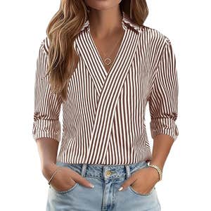 Amazon; LOMON 3/4 Length Sleeve Womens Tops Dressy V Neck Collared Dress Shirt