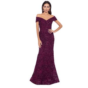 XSCAPE Off-The-Shoulder Lace Gown