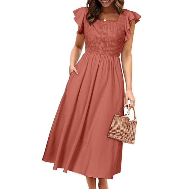 Miessial Summer Smocked Midi Dress in Rust Red