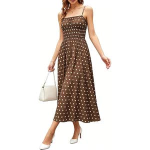 amazon, FOMELY Polka Dot Smocked Spaghetti Strap Maxi Dress with Pockets