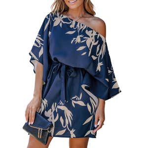 cupshe, Cupshe Leaf Print One-Shoulder Belted Dress