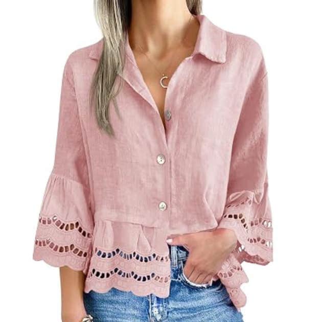 amazon, Cicy Bell 3/4 Bell Sleeve Button Down Shirt