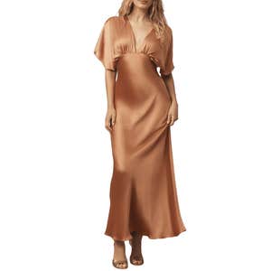 BHLDN Amelia Deep-V Flutter-Sleeve Satin A-Line Gown