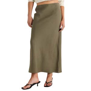 Quince 100% European Linen Midi Slip Skirt in Color Bayberry Olive