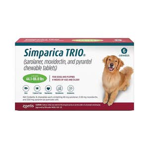 Simparica Trio Chewable Tablet for Dogs, 44.1-88 lbs, (Green Box), 6 Chewable Tablets (6-mos. supply)