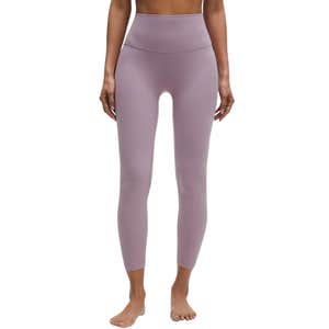 A person wearing light purple lululemon Align™ High-Rise Pants against a white background