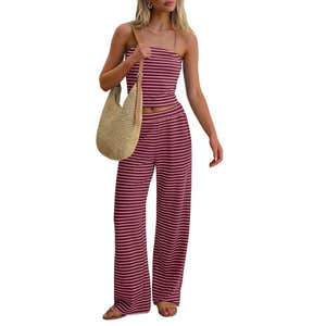 ANRABESS Striped Tube Top & Pants Set in Wine Red Pink Stripe