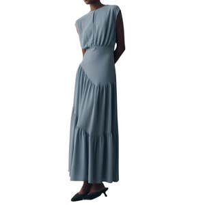 By Anthropologie Waisted Cap-Sleeve Dress in Light Blue