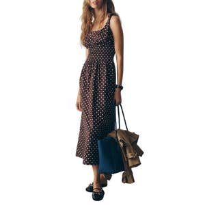 Maeve Cotton Smocked Midi Dress in Brown Dot